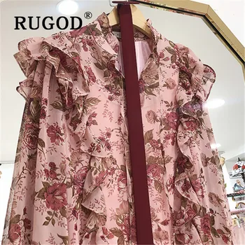 RUGOD 2020 korėjos Prašmatnus Retor Saldus Gril Suknelės Moterims Šifono Ruffles Gėlių Spausdinti Ilgas Rankovėmis Temperamentas Vestidos Moteris