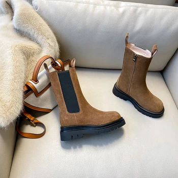 Rusijos Moterų žiemos batai Odiniai batai Karvės suede+Vilnos pamušalas šiltas batai Derliaus sniego batai 15 cm+23cm dviejų vamzdžių aukščių
