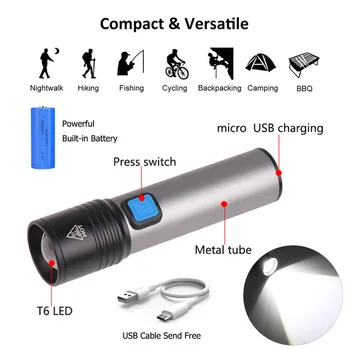 Ryškus Žibintuvėlis USB Įkraunamas Žibintuvėlis atsparus Vandeniui Žibintuvėlis T6 LED Žibintuvėlis Nešiojamų Zoom Žibintuvėlis su įmontuota Baterija