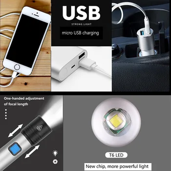 Ryškus Žibintuvėlis USB Įkraunamas Žibintuvėlis atsparus Vandeniui Žibintuvėlis T6 LED Žibintuvėlis Nešiojamų Zoom Žibintuvėlis su įmontuota Baterija