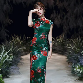 S-5XL Moterų Kinijos Qipao Suknelės Vasaros Rytų Cheongsam Chipao Ilgas Šilko Aukštosios Mados Žalia Viskozė Elegantiškas vakarinę Suknelę