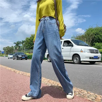 S-XL 2019 m. rudenį korėjos chic stiliaus moteris džinsinio audinio Kelnės Atsitiktinis mėlyna aukšto juosmens džinsai moterims tiesiai ilgas kelnes (Z8713)