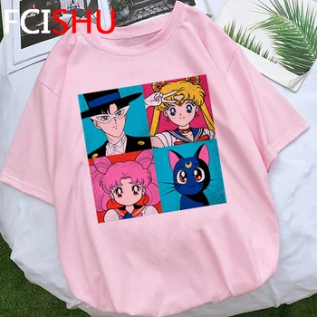 Sailor Moon Kawaii Usagi T-shirt Moterims Cute Kačių Anime Ponios Marškinėlius Juokingas Animacinių filmų Estetinės T Shirt Grafikos Viršuje Tees Moteris