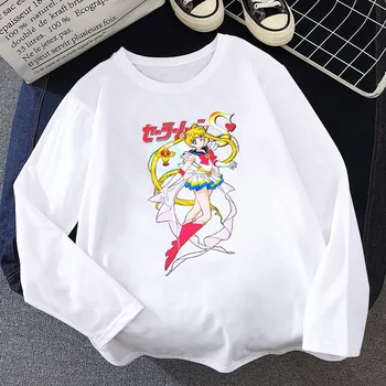 Sailor Moon Medvilnės ilgomis Rankovėmis marškinėliai Moterims Drabužių Japonų Anime Graphic Tee marškinėliai korėjos Stiliaus Moteriška T-shirt Streetwear