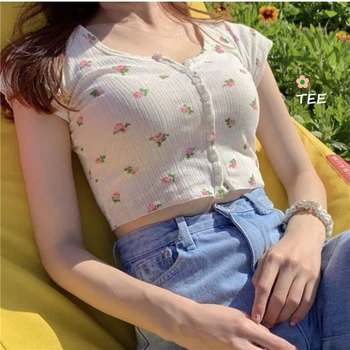 Saldus, Elegantiškas Trumpas Rankovės Gėlių Trumpą T-shirt O Kaklo Vasaros Megztinis Plonas Apkarpyti Viršūnes
