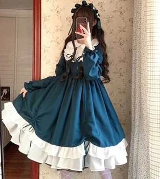 Saldus lolita dress derliaus spausdinti nėrinių angelas nėrinių bowknot aukšto juosmens viktorijos suknelė kawaii girl gotikos loli cosplay apranga
