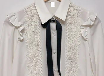 Saldus Moterų nėriniai marškiniai Kratinys Šifono Ruffles Viršūnes Elegantiškas ilgomis rankovėmis Bowknot OLIS Balta palaidinė