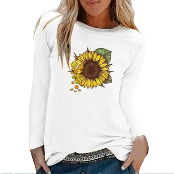 Saulėgrąžos Įspūdį Spausdinimo Long Sleeve Top Moteris Rudens-Žiemos Grafinis T Marškinėliai Streetwear Balta O Kaklo Drabužius Mujer Camisetas