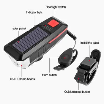 Saulės Energijos Dviračio Žibintas su Ragų T6 LED Kelių Kalnų Dviračių Priekinių žibintų USB Įkrovimo Žibintų 3 Rūšių Dviračių Žibintas
