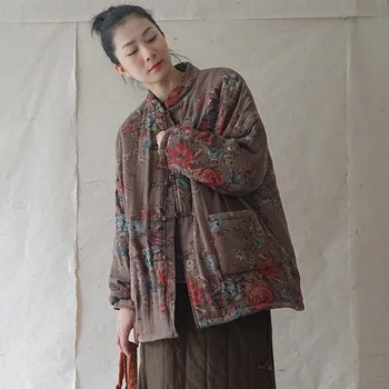 SCUWLINEN 2020 Retro Spausdinti Moterų Kailis Vintage Stiliaus Kinijos Plokštė Mygtuką Storas Šiltas Prarasti Medvilnės kamšalu Striukė P292