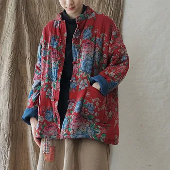 SCUWLINEN 2020 Retro Spausdinti Moterų Kailis Vintage Stiliaus Kinijos Plokštė Mygtuką Storas Šiltas Prarasti Medvilnės kamšalu Striukė P292