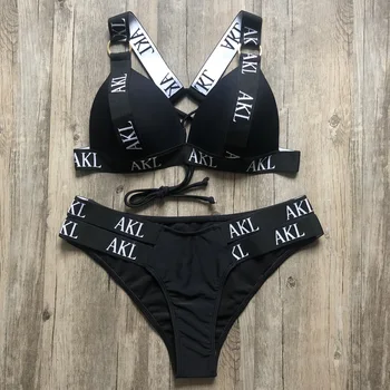 Seksualus 2019 bikini komplektas Laiškas spausdinti maudymosi kostiumėlį moteris push up Tvarstis black maudymosi kostiumėliai moterims Biquini Plaukimo maudymosi kostiumą Bather