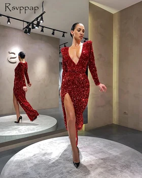 Seksualus Liesas Moteris Raudoną vakarinę Suknelę 2020 V-kaklo, ilgomis Rankovėmis Aukštos Ritininės Red China Oficialų Vakare Chalatai