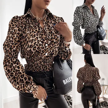 Seksualus Long Sleeve V-kaklo Spausdinti Marškinėliai Moterims Topai Mados Leopard Palaidinė Rudens ir Žiemos Sluoksniuotos Rankovėmis Mygtuką Puloveris Blusas 12254