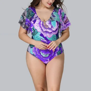 Seksualus, Moterų Maudymosi kostiumai Plius Dydis Push Up Gėlių Spausdinti Plaukioja Rankovės Bikini Gražus Atgal Didelis Dydis Vienas Gabalas maudymosi kostiumėlį, XL-5XL