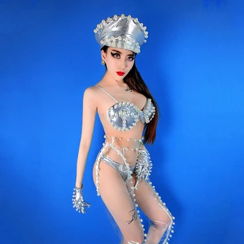 Seksualus naktiniame klube Moterų Dainininkai, Scenoje Dėvėti Sidabro Kostiumu Pearl Bikini Džiazo Rave Apranga GOGO Lyderis Šokių Drag Queen Suknelė 3850