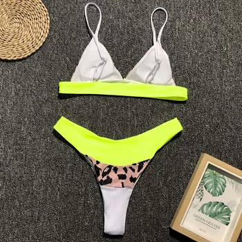 Seksualus Neon leopard Aukšto Juosmens Bikini 2019 Moterų maudymosi kostiumėlį Moterų Diržas maudymosi Kostiumėliai, Bather Aukštos sumažinti Bikini komplektas Push up Maudymosi Kostiumas