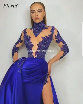 Seksualus Royal Blue Vakaro Suknelės Undinė Ilgomis Rankovėmis Iliuzija Vakare Chalatai Duobute Garsenybių Suknelės Moterims, Vestidos Formales