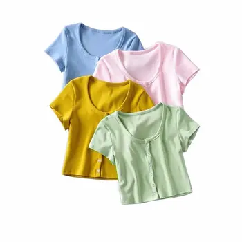 Seksualus T-Shirt V-Kaklo Trumpomis Rankovėmis Atsitiktinis Derliaus Viršuje Moterų Mygtuką Megzti Trumpomis Rankovėmis Korėjos Stiliaus Briaunoti Žalia Vasaros Apkarpyti Viršūnes