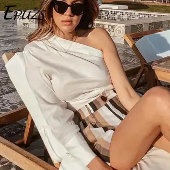 Seksualus vienas off peties viršaus Derliaus baltos palaidinės moteris 2019 Streetwear moterų viršūnes ir palaidinės Atsitiktinis korėjos mados drabužiai