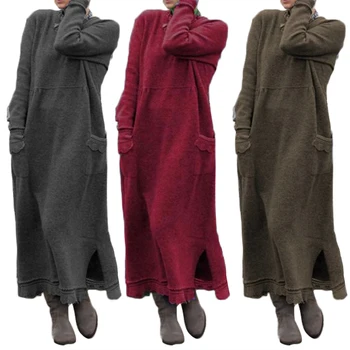 Senovinių Moterų Rudens Žiemos Ilgos Rankovės Lacework Hem Plius Dydis Mezgimo Maxi Suknelė