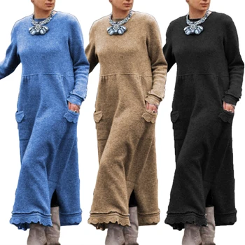 Senovinių Moterų Rudens Žiemos Ilgos Rankovės Lacework Hem Plius Dydis Mezgimo Maxi Suknelė
