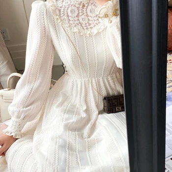 Senovinių Nėrinių ilgomis Rankovėmis Pasakų Suknelė Balta Žiema Moterų Midi korėjos Suknelė 2021 M. Pavasario Vestuves Ponios One-piece Suknelė Nauja