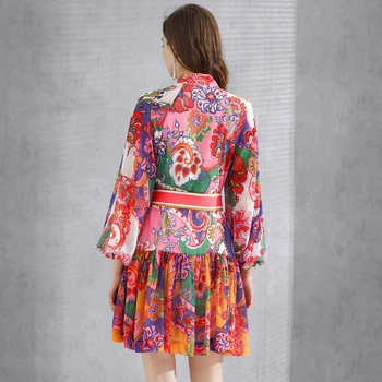 SEQINYY Boho Mini Suknelė 2020 M. Vasarą, Pavasarį, Naujų Mados Dizaino Moterų Derliaus Raudonos Gėlės Spausdinti Žibintų Šifono Rankovės Diržas