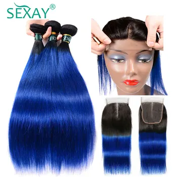 SEXAY iš Anksto Spalvos Susiejamos Su Uždarymo 1b/ Mėlyna Dvi Tonas Brazilijos Tiesūs Plaukai Remy Ombre Žmogaus Plaukų Ryšulius Su Nėrinių Uždaryti