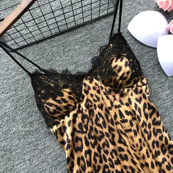 Sexy Hot Moterų Leopardas Spausdinti Nėrinių Naktį Suknelė Moteriškas Apatinis Trikotažas V Kaklo Naktį Suknelė Vasaros Sleepwear Spageti Dirželis Nighty Miego Drabužiai