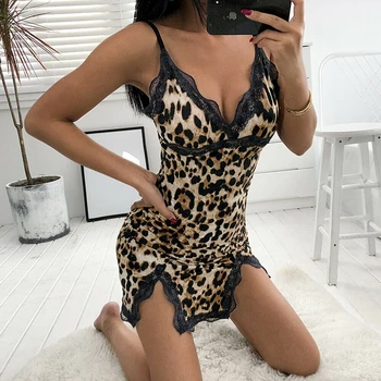 Sexy Hot Moterų Leopardas Spausdinti Nėrinių Naktį Suknelė moteriškas apatinis Trikotažas V-Kaklo Suknelė Vasaros Sleepwear Spageti Dirželis y Miego Drabužiai