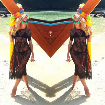 Sexy Moteris Vasaros Suknelė Paplūdimio Perspektyva Nėrinių Apynasrio Trumpas Rankovės Kelio Ilgio suknelė Nėrimo Bikini Vasaros maudymosi kostiumėlį Padengti Iki