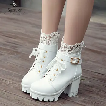 Sgesvier 2020 Nauji batai moterims nėrinių sagtis, suapvalinti pirštas baltas kvadratas aukštakulniai platformos batai moterų mados batai