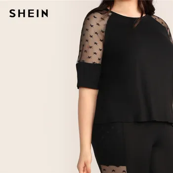 SHEIN Plus Size Black Star Akių Įterpti Rankovės Viršuje Ir Antblauzdžiai Nustatyti 2019 Moterų Pavasario Vien Pusė Raglan Rankovėmis Tampri, Dviejų dalių