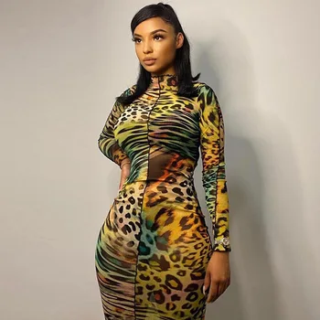 Shestyle Akių Matyti Per Ilga Suknelė Moterims Leopard Stovėti Apykaklės Lencil Raukiniai Gyvūnų Spausdinti Clubwear Mados Komplektus Tampri