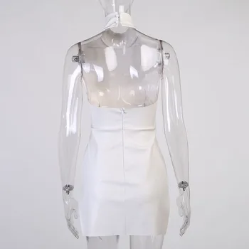 Sibybo Baltos spalvos Dirbtiniais PU Odos Seksualus Vasaros Suknelė Moterų Berankovis Backless Mini Suknelės Moterų Off Peties Bodycon Šalies Vestidos