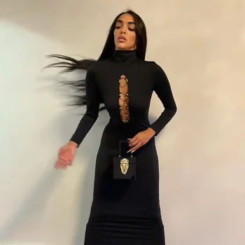Sibybo Golfo Bodycon Ilga Suknelė Moterims Black Pilnas Rankovės Tuščiaviduriai Iš Sexy Šalis Suknelė 