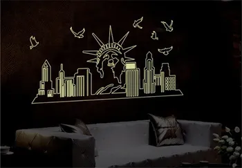 Sienos lipdukas New York City Night Scene švyti tamsoje Liuminescencinės Šviesos Laisvės Statula miegamojo puošimas Sienos Lipdukai