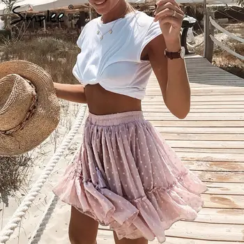 Simplee Atsitiktinis polka dot mini moterų sijonas Aukšta juosmens linija korėjos kutas rožinė vasaros sijonas Seksualus pynimas paplūdimio moterų sijonai 2019