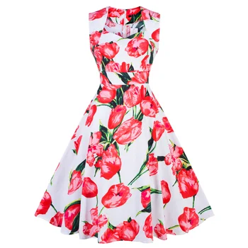 SISHION Moterų Vintage Suknelė be Rankovių Gėlių Spausdinti Baltos ir Raudonos Sūpynės, Rockabilly Vasaros Elegantiškas Medvilnės Suknelės VD0719C