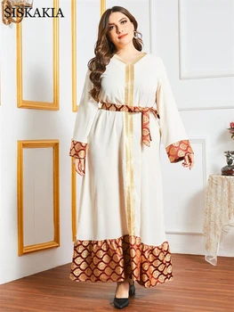 Siskakia Žakardo Kratinys Etninės Maxi Suknelė Moterims Elegantiškas V-Kaklo, ilgomis Rankovėmis Plius Dydis arabų Musulmonų Drabužiai Balti 2020 m.