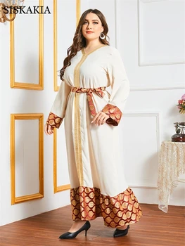 Siskakia Žakardo Kratinys Etninės Maxi Suknelė Moterims Elegantiškas V-Kaklo, ilgomis Rankovėmis Plius Dydis arabų Musulmonų Drabužiai Balti 2020 m.