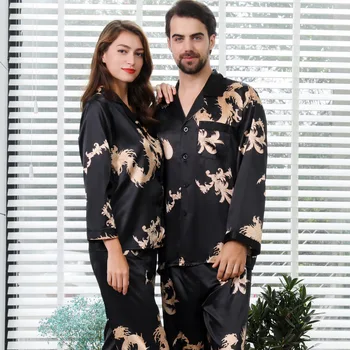 Sleepwear Moterų Pižama Nustatyti Dragon Spausdinti Satino Sleepwear Vieną Krūtinėmis Moterų Namuose Dėvėti Šilko Pajama Nustatyti Kišenėje Naktį Kostiumas