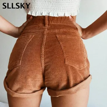 Sllsky Elastinga aukštos juosmens velvetas kelnės Naujos moterų Atsitiktinis streetwear šortai moteriška Prarasti vasaros užtrauktukas mygtuką trumpi šortai