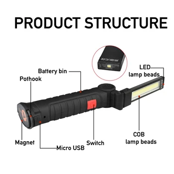 Smuxi Nešiojamų 5 Režimu COB Žibintuvėlį, Fakelą USB Įkraunamas LED Darbo Šviesos Magnetinis COB Kabinti Kablys Lempos, Lauko Kempingas