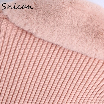 Snican rožinės spalvos dirbtiniais kailiais apykaklė kailis ilgas rankovėmis kratinys pasėlių megzti megztinis rudenį, žiemą moterų megztinis viršūnes za 2020 moterys naujas