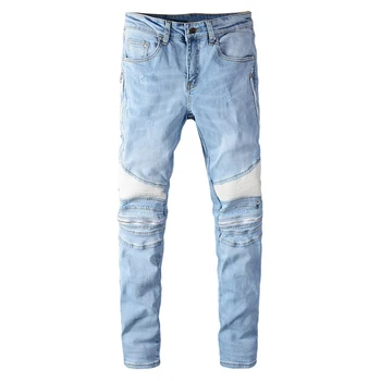 Sokotoo Vyrų šviesiai mėlyna balta PU odos kratinys dviratininkas džinsai Mados streetwear plonas liesas ruožas džinsinio audinio kelnės