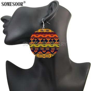 SOMESOOR Afrikos Spaudinių Mediniai Tabaluoti Auskarai Afro Etninės Menų Bohemijos Modelis Abiejų Pusių Spausdinti Ausies Kilpos Moterims, Dovanos