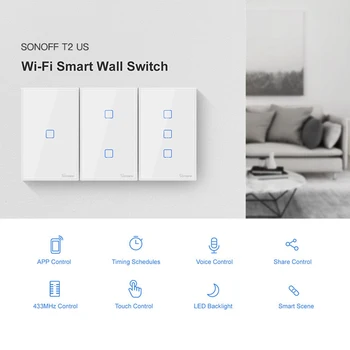 SONOFF T2US TX Smart Wifi Touch Wall Šviesos Jungiklis 1/2/3 Gauja 433 RF/Balso/APP Kontrolės Darbai Su Alexa Ewelink Namų Automatikos