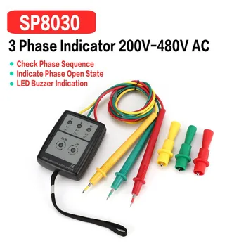 SP8030 3 Etapas Sukimosi Testeris, Skaitmeninis Fazės Indikatorius Detektorius LED garsinis signalas Fazių Seka Skaitiklio Įtampos Testeris 200V-480V AC
